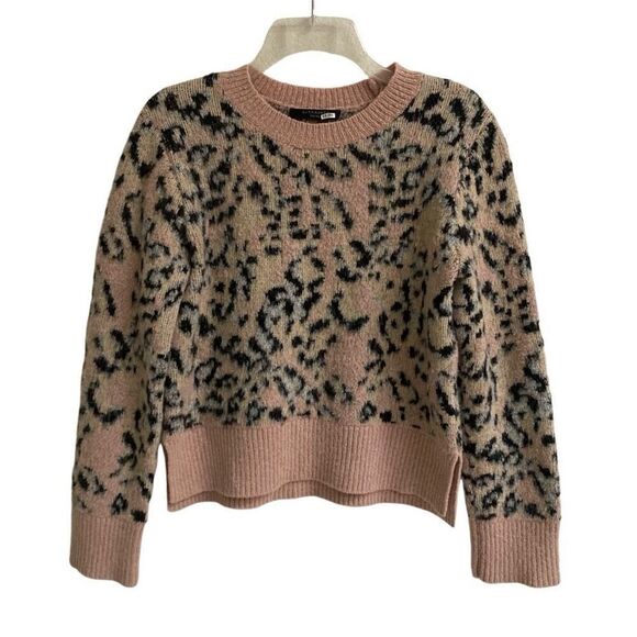 AllSaints Animal Print Cropped Aurora Crew Fuzzy Pink Leopard Sweater Women’s S - Picture 2 of 12